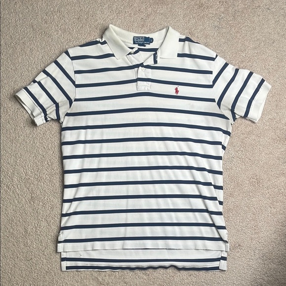 Polo Ralph Lauren White and Navy Striped Polo Shirt - Picture 1 of 9